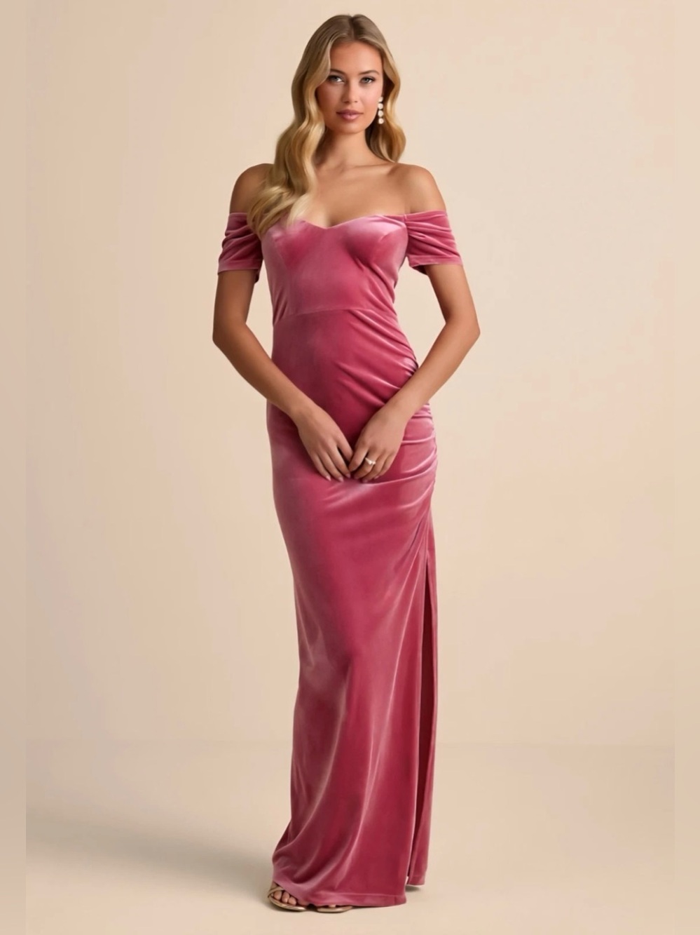 NWT Lulu's Glorious Celebration Pink Velvet Dress Off-the-Shoulder Maxi Dress XS